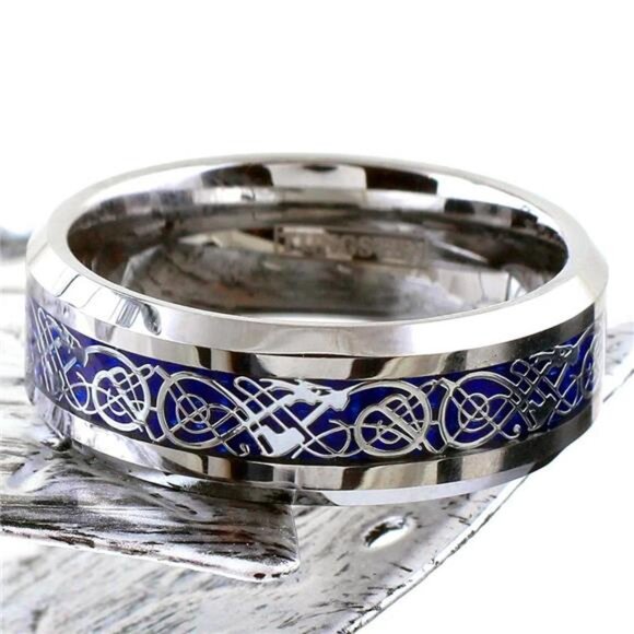 Men's Wedding Band 6mm Silver on Blue Celtic Dragon Ring for Men and Women - Picture 1 of 5